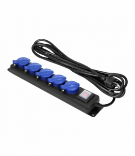 Przedłużacz warsztatowy bryzgoszczelny z wyłącznikiem, 5 gniazd 2P+Z, IP44, schuko przewód gumowy, H05RR-F 3x1,5mm2, długość 5m Orno OR-AE-13298(GS)/5M