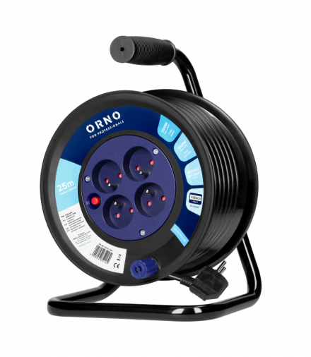 Przedłużacz bębnowy, 4 gniazda 2P+Z, kabel PVC H05VV-F 3x1,5mm², długość 25m, termik, przesłony torów prądowych Orno OR-AE-13300/25M
