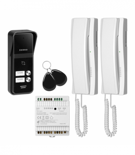 ENIR, zestaw domofonowy dwurodzinny, 2-żyłowy, zasilacz na szynę DIN, z czytnikiem breloków, biały Orno OR-DOM-BA-936ZD/W