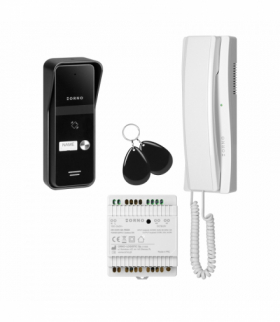 ENIR, zestaw domofonowy jednorodzinny, 2-żyłowy, zasilacz na szynę DIN, z czytnikiem breloków, biały Orno OR-DOM-BA-935ZD/W