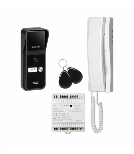 ENIR, zestaw domofonowy jednorodzinny, 2-żyłowy, zasilacz na szynę DIN, z czytnikiem breloków, biały Orno OR-DOM-BA-935ZD/W