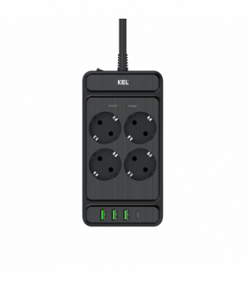 Listwa przepięciowa, 4 gniazda 2p+Z z gniazdami 3xUSB-A, 1xUSB-C, 2m, SCHUKO, Ps-470S/1,5/P+USBA+USBC/2.0m czarny, KEL W-00355