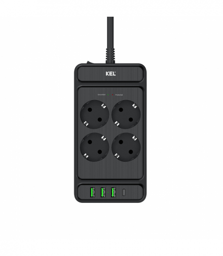Listwa przepięciowa, 4 gniazda 2p+Z z gniazdami 3xUSB-A, 1xUSB-C, 2m, SCHUKO, Ps-470S/1,5/P+USBA+USBC/2.0m czarny, KEL W-00355
