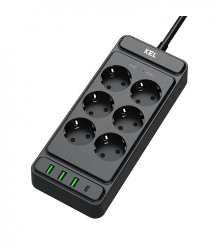 Listwa przepięciowa, 6 gniazd 2p+Z z gniazdami 3xUSB-A, 1xUSB-C, 2m, SCHUKO, Ps-670S/1,5/P+USBA+USBC/2,0m czarny, KEL W-00354
