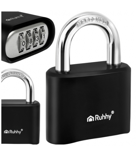 Kłódka na szyfr 4 cyfry, metal + stal hartowana, czarna, Ruhhy 18966