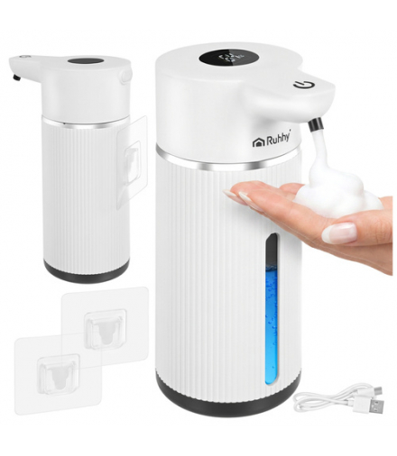 Dozownik mydła w piance, automatyczny, bezdotykowy 420ml, z wyświetlaczem LED, USB-C, akumulator 1200mAh, do 5000 dozowań po naładowaniu, biały Ruhhy 19005