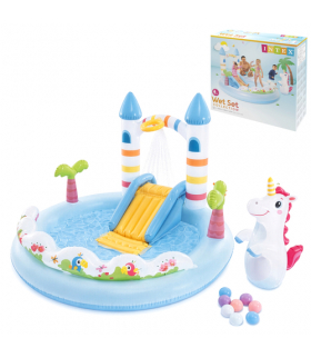 Wodny plac zabaw zamek + jednorożec, zjeżdżalnia zraszacz, 196x178x127cm, Intex 56148NP 18969