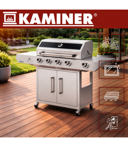 Grill gazowy, ogrodowym, nierdzewny z szafką na butlę, 4+1, 17kW, Varen 5.0, żeliwny ruszt Kaminer 19017
