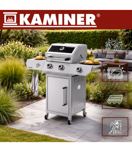 Grill gazowy, ogrodowym, nierdzewny z szafką na butlę, 2+1 10kW Varen 3.0, żeliwny ruszt Kaminer 19018