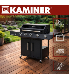 Grill gazowy, ogrodowym, nierdzewny z szafką na butlę, 17kW Varen Black 5.0, żeliwny ruszt Kaminer 19019