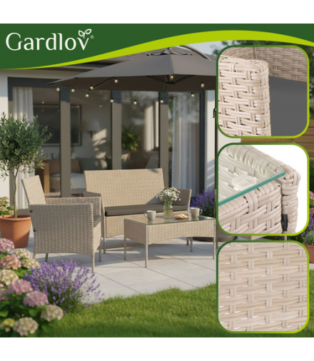 Meble ogrodowe technorattanowe, zestaw mebli rattanowych do ogrodowu i na taras, rattan, stolik, sofa, beżowy Gardlov 26909 18829