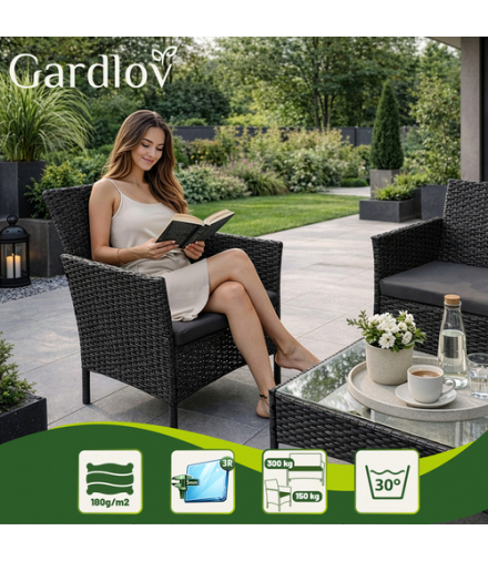 Meble ogrodowe technorattanowe, zestaw mebli rattanowych do ogrodowu i na taras, rattan, stolik, sofa, czarne Gardlov 26908 18858