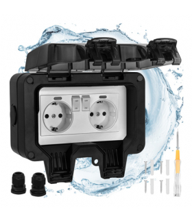 Gniazdo podwójne zewnętrzne IP66 z zamknięciem wtyczek, wyłącznikami odbiorników i sygnalizacją, 230V, 16A, wodoodporne z klapką, 17x11x10cm, Izoxis 19013