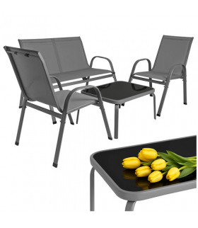 Zestaw mebli ogrodowych, stolik ze szklanym blatem, sofa + 2 fotele, zestaw balkonowy, na taras, do ogrodu, 4 osobowy, szary Gardlov 19028