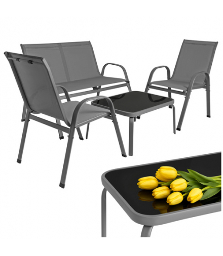 Zestaw mebli ogrodowych, stolik ze szklanym blatem, sofa + 2 fotele, zestaw balkonowy, na taras, do ogrodu, 4 osobowy, szary Gardlov 19028