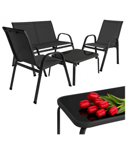 Zestaw mebli ogrodowych, stolik ze szklanym blatem, sofa + 2 fotele, zestaw balkonowy, na taras, do ogrodu, 4 osobowy, czarny Gardlov 19029