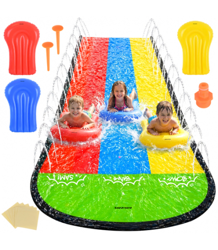 Ślizg wodny z fontanną, 480cm, potrójny tor 3 deski ogrodowy, Kruzzel 19049