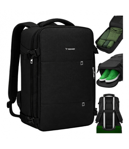 Plecak turystyczny, bagaż podręczny, 42x32x20cm, do samolotu, 12 kieszeni, port USB + kabel, czarny, otwieranie 180°, kieszeń antykradzieżowa, kieszeń na laptopa, czarny Trizand 19027