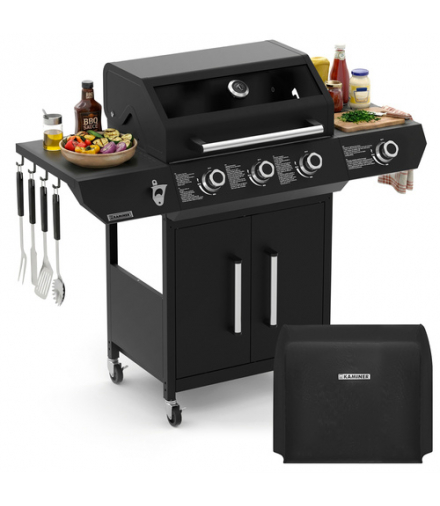 Grill gazowy 3+1 13.5kW Varen Black 4.0, stal nierdzewna, ruszt żeliwny, podświetlane pokrętła LED, termometr, pokrowiec, Kaminer 19066