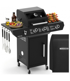 Grill gazowy 2+1 10kW Varen Black 3.0, stal nierdzewna, ruszt żeliwny, podświetlane pokrętła LED, termometr, pokrowiec, Kaminer 19081