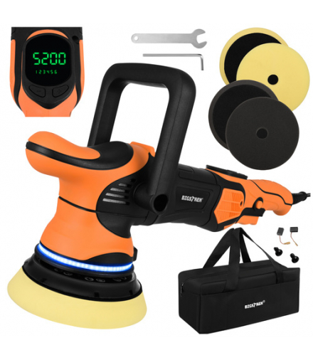 Polerka samochodowa 1000W DA 125mm, skok orbity 15mm, wyświetlacz i podświetlenie LED, długi kabel 8m, torba, Bigstren 19080