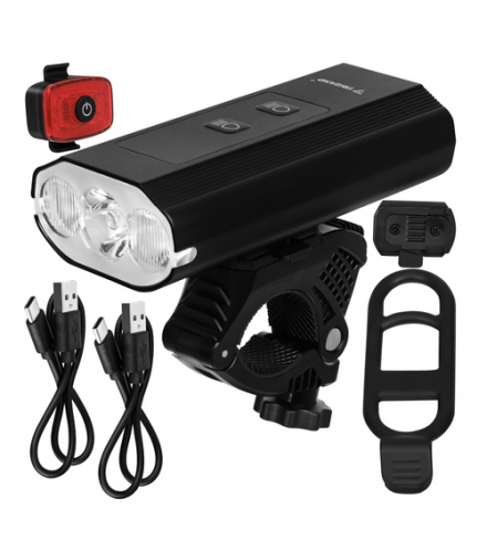 Lampka rowerowa LED 1300lm, USB-C, zestaw przednia + tylna, mocna, latarka 5200mAh, Trizand 19107