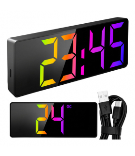 Budzik, zegar cyfrowy z kolorowym wyświetlaczem 34 LED, z temperaturą, zasilanie USB lub 3×AAA, elektroniczny, Izoxis 19048