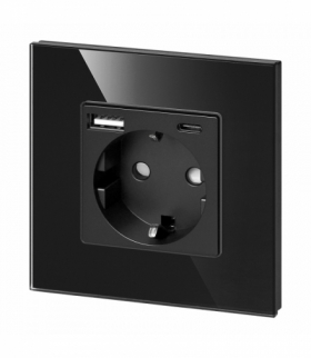 Gniazdo pojedyncze 2P+Z, Schuko, z ładowarką USB-A + USB-C, wyjście 5VDC max. 3A, czarne szkło, Orno OR-AE-13308(GS)/B