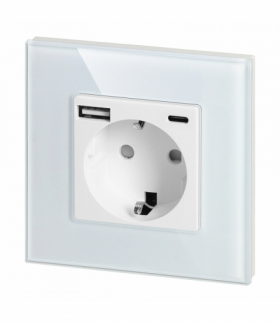 Gniazdo pojedyncze 2P+Z, Schuko, z ładowarką USB-A + USB-C, wyjście 5VDC max. 3A, białe szkło Orno OR-AE-13308(GS)/W