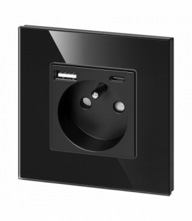 Gniazdo pojedyncze z bolcem 2P+Z, z ładowarką USB-A + USB-C, PD, max. 20W, czarne szkło Orno OR-AE-13308/B