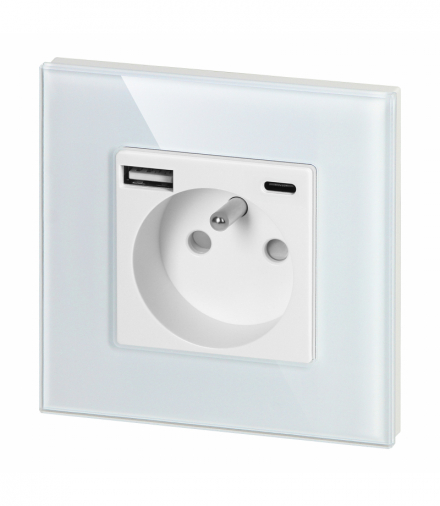 Gniazdo pojedyncze z bolcem 2P+Z, z ładowarką USB-A + USB-C, PD, max. 20W, białe szkło Orno OR-AE-13308/W