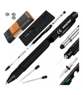 Długopis wielofunkcyjny, survival multitool, gadżet 9w1, czarny, rysik, latarka LED, śrubokręt, poziomnica, linijka, otwieracz, Bigstren 19133
