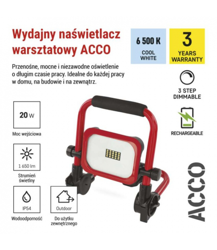Przenośny naświetlacz LED ACCO, ładowalny USB-C, 20W, 1650lm, zimna biel 6500K, 3 stopnie ściemniania, do 12 godzin świecenia na ładowaniu EMOS ZS2813