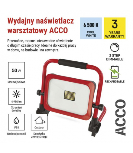 Przenośny naświetlacz LED ACCO, ładowalny USB-C, 50W, 4950lm, zimna biel 6500K, 3 stopnie ściemniania, do 12 godzin świecenia na ładowaniu EMOS ZS2833
