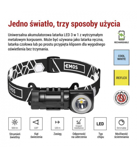 Latarka czołowa LED, 500lm, ładowalna Li-Ion 800mAh3.7V EMOS P3544