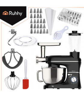 Robot kuchenny planetarny z blenderem 2200W, 3D Planetary Mixing System, multifunkcyjny, regulacja obrotów 6-stopniowa + PULSE, stalowa misa misa 6.2L + blender szklany 1.5L, maszynka do mięsa, Ruhhy 19134